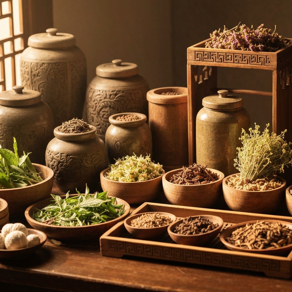 Traditional Asian herbal preparation setting with natural herbs